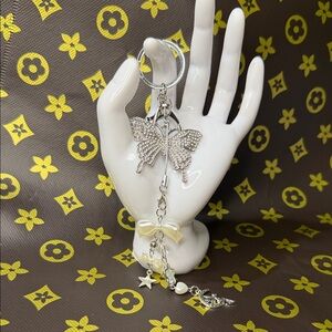 Silver Crystal Butterfly Keychain with Cream Bow Charm